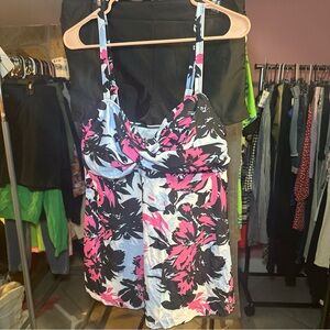 Floral Print Swim Cami in Pink, Black & White